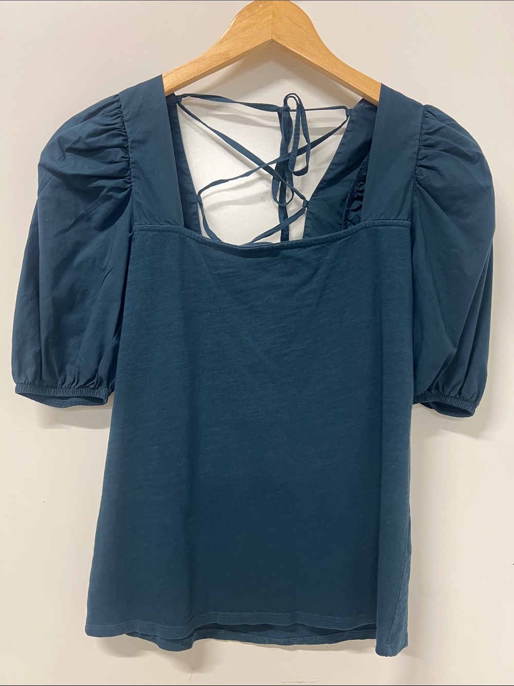 Nation Ltd. Top, Blue, Small, Lace Up Back, Balloon  Short Sleeve, Square Neck